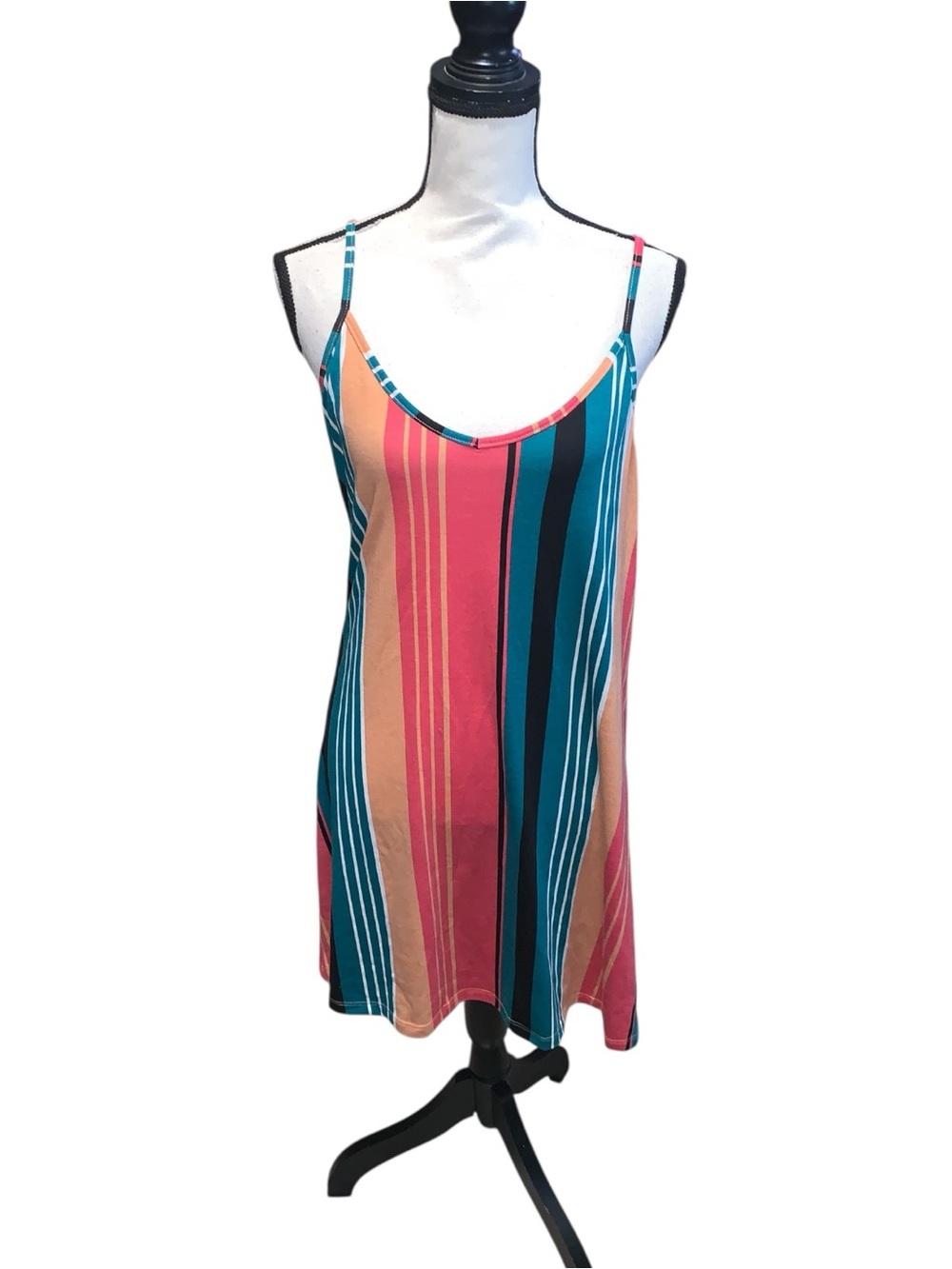 No Boundaries Colorful Striped Spaghetti Strap Mini Dress Coral & Teal V-neck